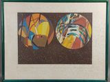 peinture représentant deux cercles de couleurs différentes sur un fond marron
