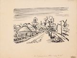 an old drawing of a village with a windmill in the background
