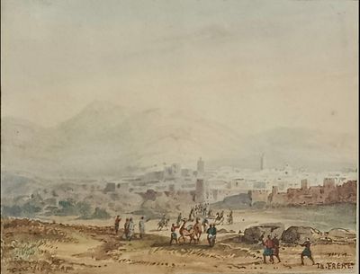 tableau représentant une vue de ville avec une montagne en arrière-plan