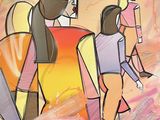 a painting of a group of people walking down the street