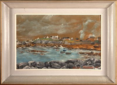 an image of a painting of a beach scene with rocks and water