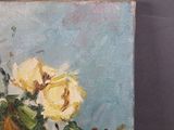 a painting of yellow roses in a vase on a table