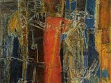 an abstract painting of a cityscape with buildings in the background