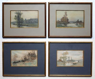 three framed paintings of boats on a river with trees in the background
