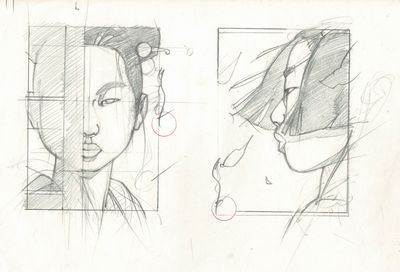 croquis représentant le visage d'une femme et celui d'un homme dans un miroir