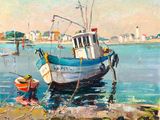 une peinture représentant un bateau sur l'eau, près du rivage