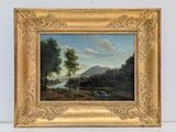an oil painting of a landscape with a river in the foreground and trees in the foreground