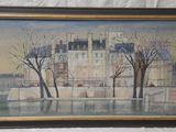painting of a painting of a building with trees in front of it
