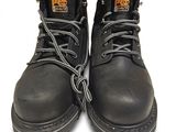 pair of black work boots with laces on a white background