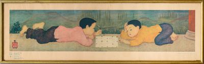 tableau représentant deux enfants allongés par terre en train de jouer aux dames