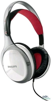 un casque Philips avec un cordon rouge et des écouteurs blancs