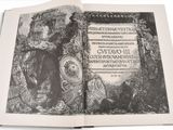 an open book with a black and white image of a man on a horse