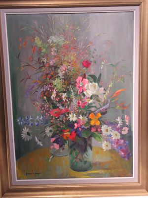 a painting of a vase of flowers on a table