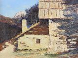 an oil painting of a stone building in a mountainous landscape