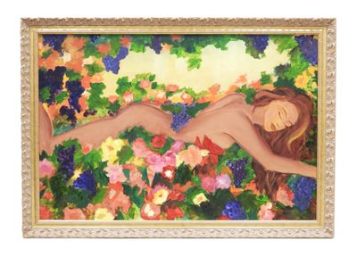École du XXe siècle. Femme nu allongée dans les fleurs. - Photo 1