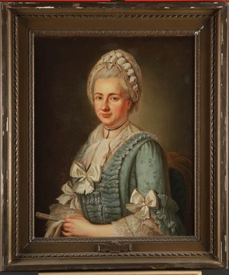 portrait of a young woman in a blue dress and bonnet