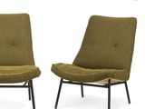 pair of mid century style lounge chairs in olive green fabric and black metal legs