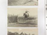 three pictures of a man riding a horse and a horse jumping over an obstacle