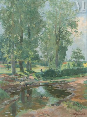 une image représentant un tableau d'un ruisseau dans une zone boisée