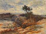 une image représentant un tableau de paysage avec un arbre au premier plan