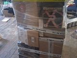 boxes stacked on top of each other on a pallet in a warehouse