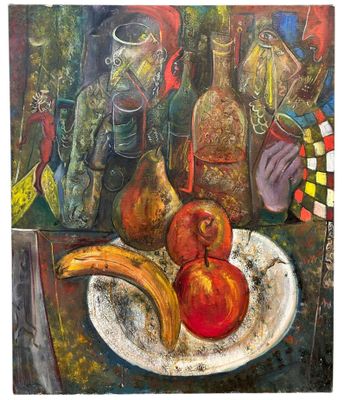a painting of a plate of fruit and a banana
