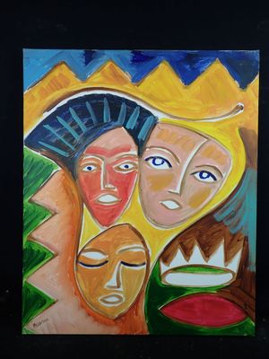 tableau représentant un groupe de personnes aux visages se détachant sur un fond noir