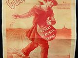 french vintage poster of a man in a hat and trench coat holding a sign
