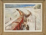 une peinture à l'huile représentant un train traversant une campagne enneigée