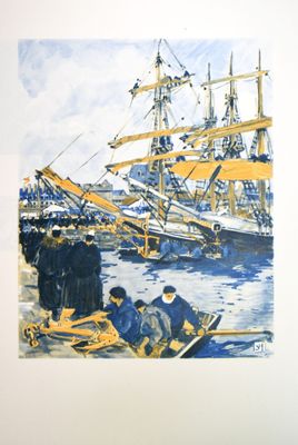 une image d'un tableau représentant un bateau dans l'eau