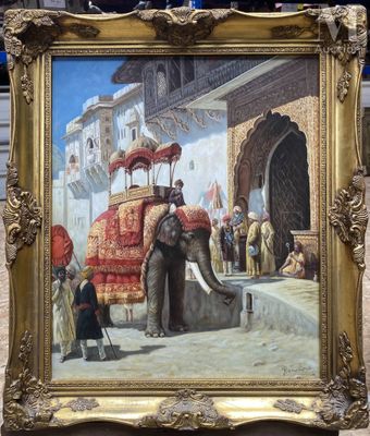 une photo d'un tableau représentant un éléphant entouré de personnes