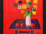 a painting of a vase of flowers on a table