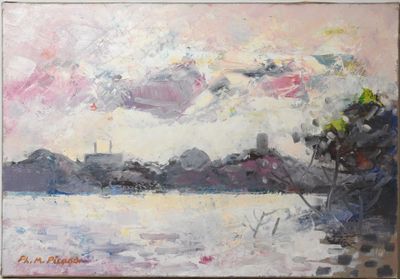 une peinture à l'huile représentant un tableau représentant une rivière avec un ciel en arrière-plan