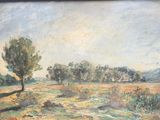 a painting of a field with trees in the background