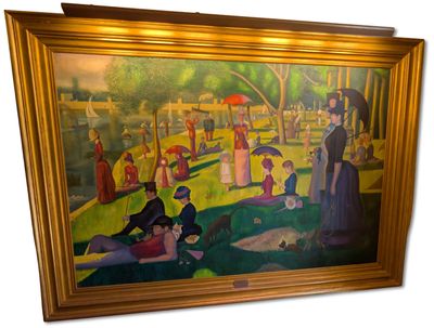 un tableau représentant des personnes assises sur l'herbe dans un parc