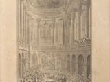 an old picture of a drawing of a large room with people in it