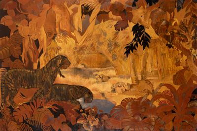 un tableau représentant un tigre et d'autres animaux dans la jungle