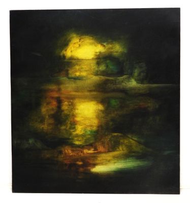 an image of a painting of a yellow light reflecting in the water