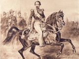 painting of a man riding a horse with a group of men in uniform behind him