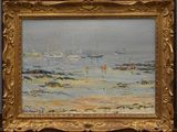 an oil painting of a beach scene with sailboats in the distance