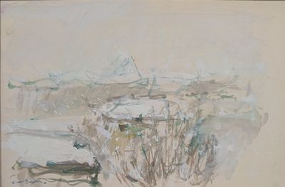 tableau représentant un bateau sur un plan d'eau, avec une montagne en arrière-plan