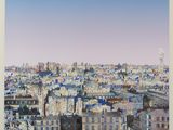 an image of a painting of a cityscape with a bird flying over it