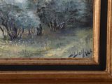 a painting of a field with trees in the background
