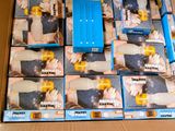 a cardboard box with a bunch of blue and yellow items in it