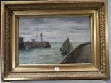 une image représentant un tableau où l'on voit un phare et des bateaux sur l'eau