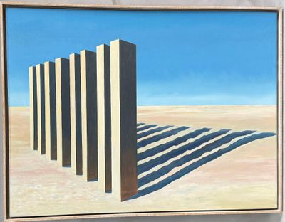 une photo d'un tableau représentant une rangée de colonnes dans le désert