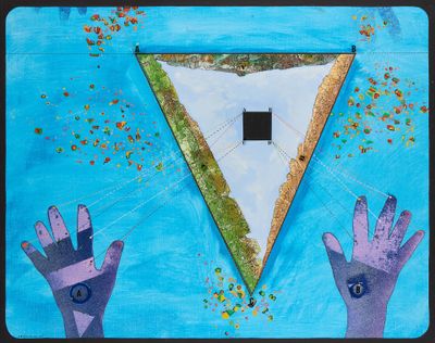 une peinture représentant un triangle vers lequel deux mains tendues s'avancent