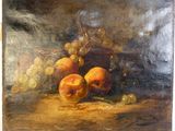 painting of a still life of peaches, grapes, and grapes on a table