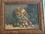 a picture of a painting of a basket of cherries