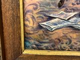 painting of a blue bird sitting on top of an open book